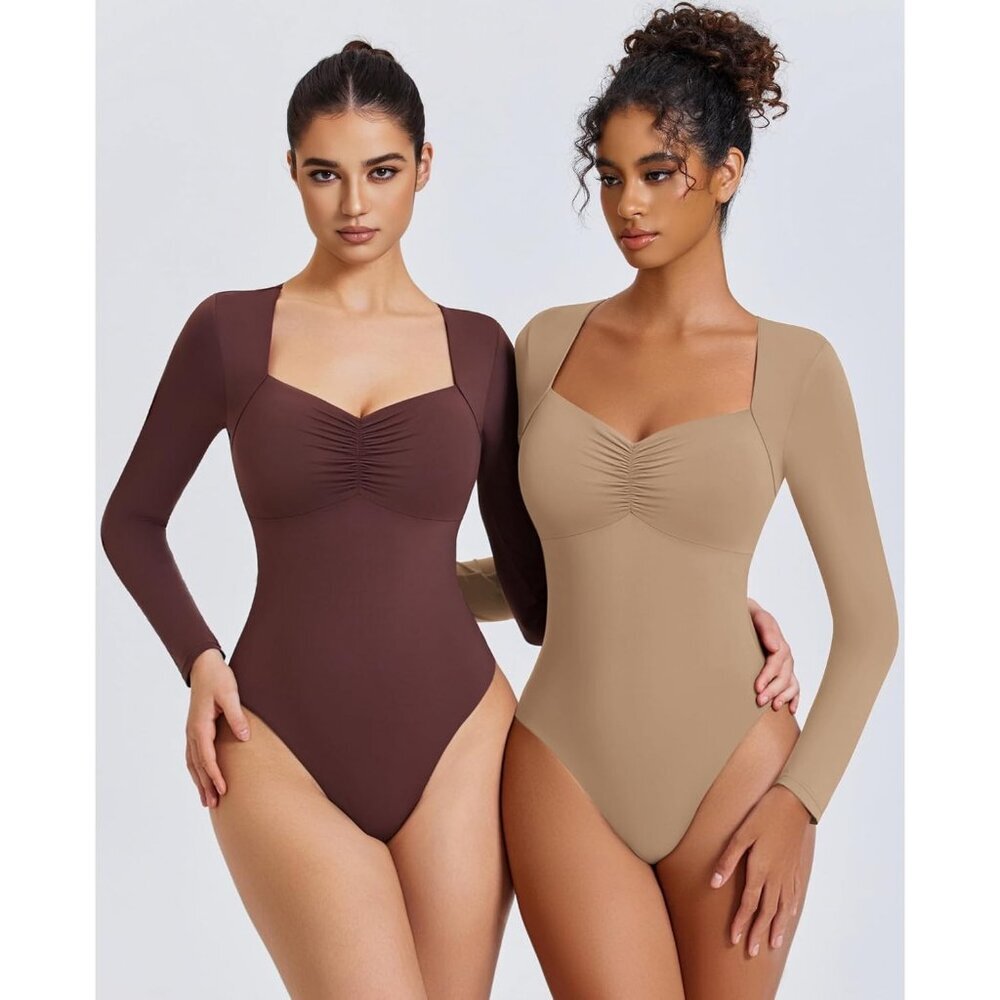 Women's Neckline Sexy Dark Beige Bodysuit Sweetheart Long Sleeve Double Tops - Picture 3 of 6